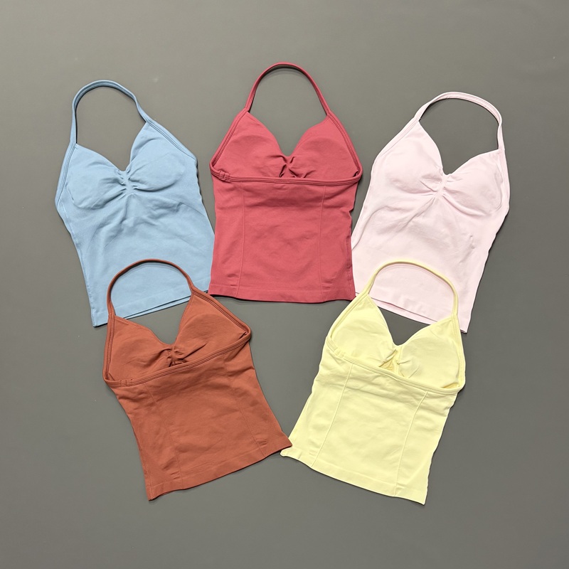 Suspender Tank Top - เสื้อกล้ามกีฬาผู้หญิงแบบไร้ตะเข็บ สายคล้องคอแบบสปาเก็ตตี้ แผ่นรองบราถอดได้ แห้งเร็ว เหมาะสำหรับวิ่ง ฟิตเนส