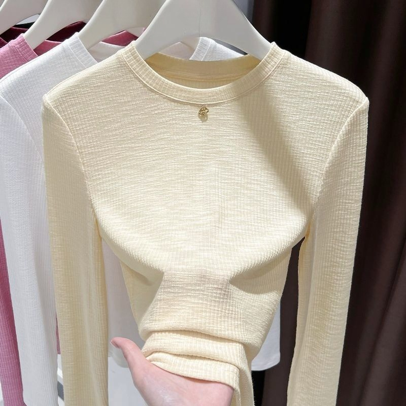 Undershirt Crew Neck - เสื้อยืดแขนยาวผ้าฝ้ายสลับเนื้อสำหรับผู้หญิง คอกลม ทรงเข้ารูป ถักทอเป็นชั้นใน เสื้อซับในอเนกประสงค์ สวมใส่สบาย